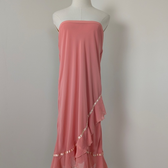 Coral Midi Skirt Bias Cut Asymmetrical Satin Trim Layers Tiered Low Mid Rise - Picture 2 of 14